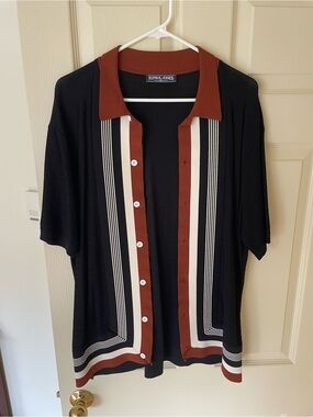 P.J. Paul Jones Black Short-Sleeve Polo Shirt with Rust & Cream Stripe
